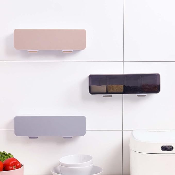 Portible Self adhesive wall mounted seasoning box With cover and spoon