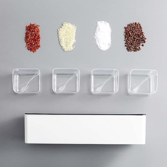 Portible Self adhesive wall mounted seasoning box With cover and spoon