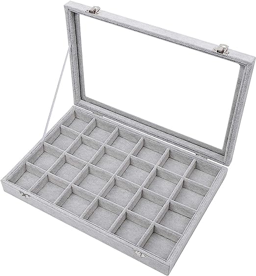 Jewelry Organizer Tray with Clear Lid 24 Grid Velvet Drawer
