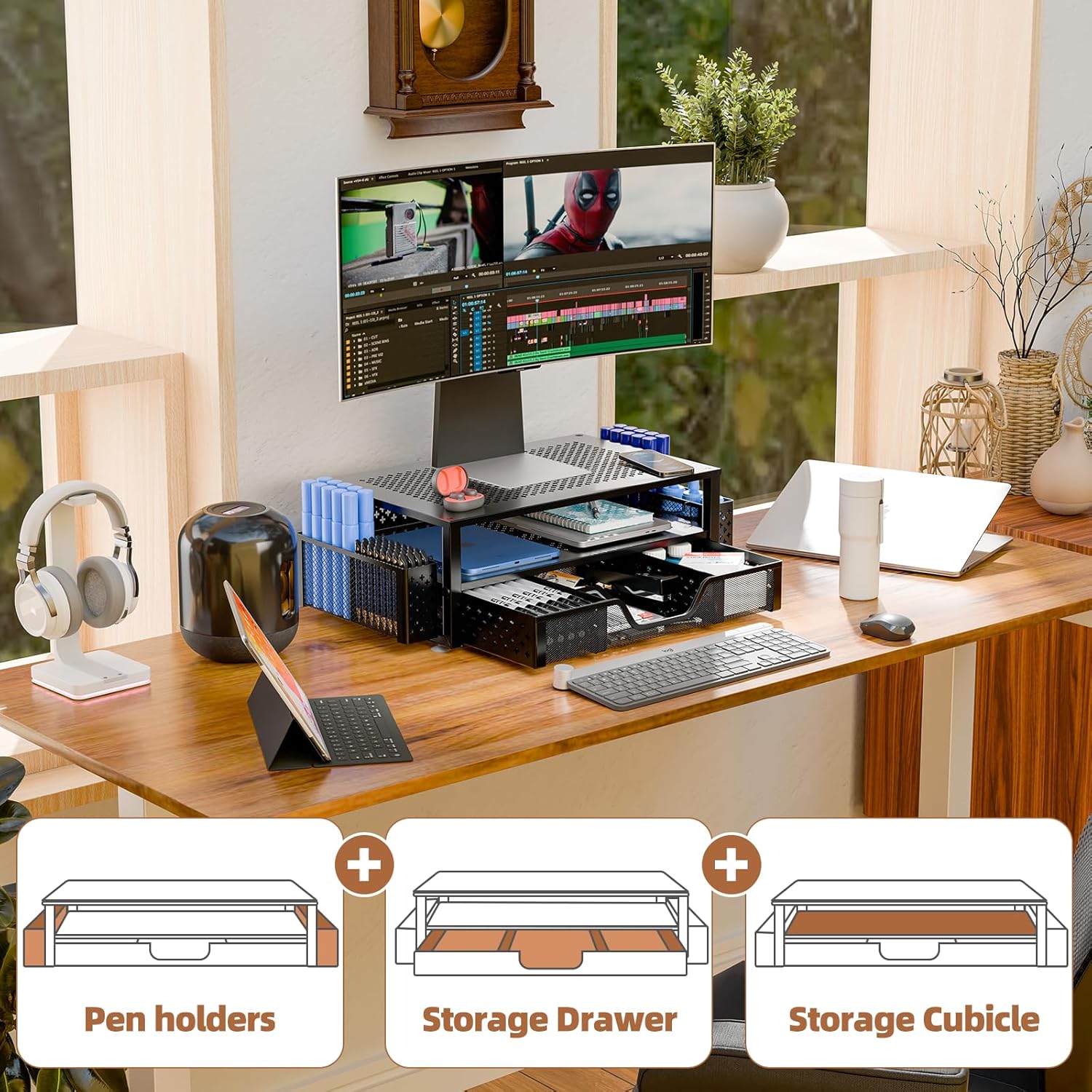 Monitor Stand Riser with Storage Organizer – Metal Mesh Desk Shelf