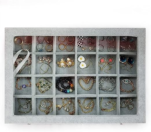 Jewelry Organizer Tray with Clear Lid 24 Grid Velvet Drawer