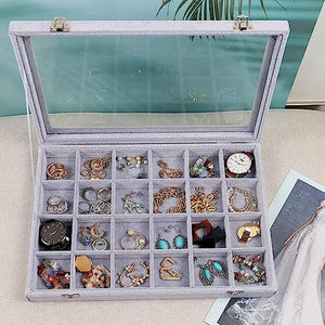 Jewelry Organizer Tray with Clear Lid 24 Grid Velvet Drawer
