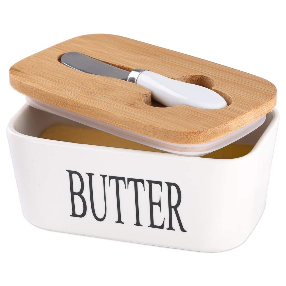 Ceramic Butter Dish with Wooden Lid & butter knife
