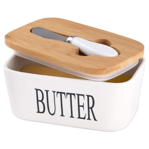 Ceramic Butter Dish with Wooden Lid & butter knife