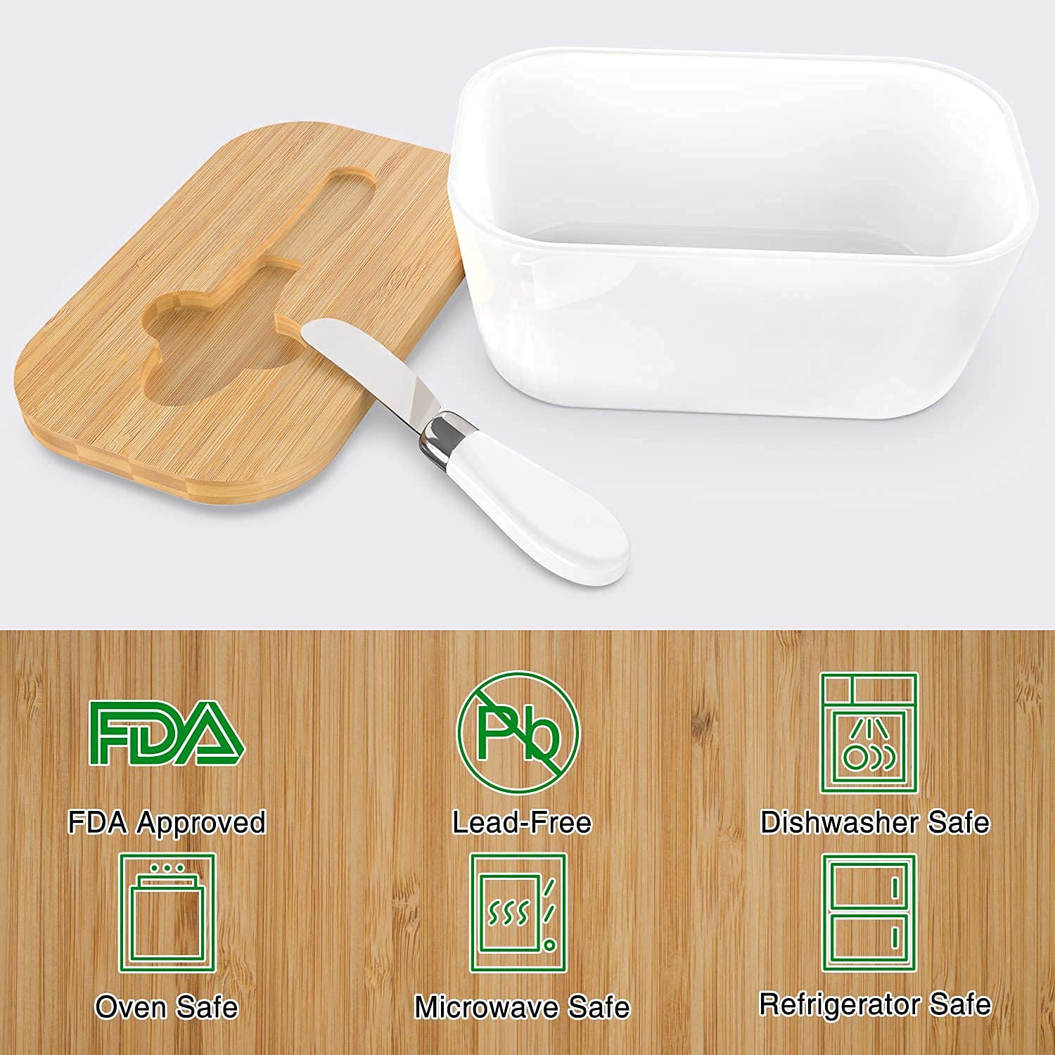 Ceramic Butter Dish with Wooden Lid & butter knife