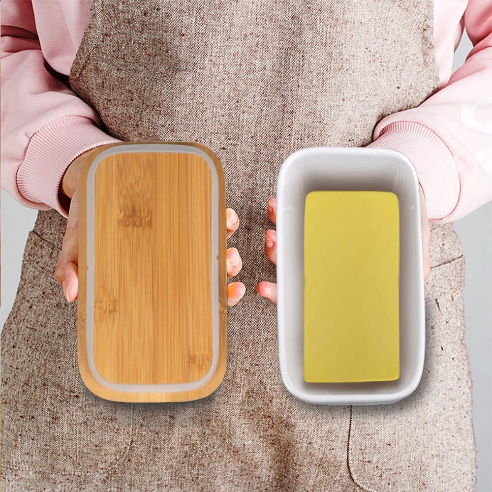 Ceramic Butter Dish with Wooden Lid & butter knife