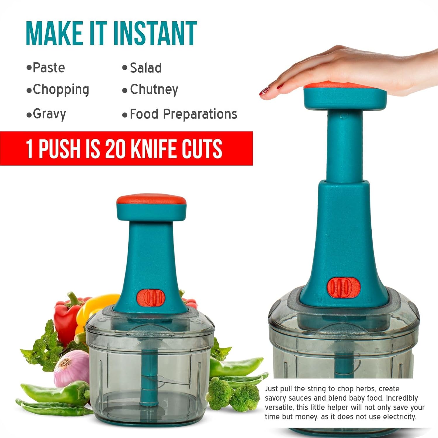 Manual Hand Press Push Chopper with 3 Blades for Effortless Chopping Vegetables & Fruits (Assorted, 650 ml, Plastic)
