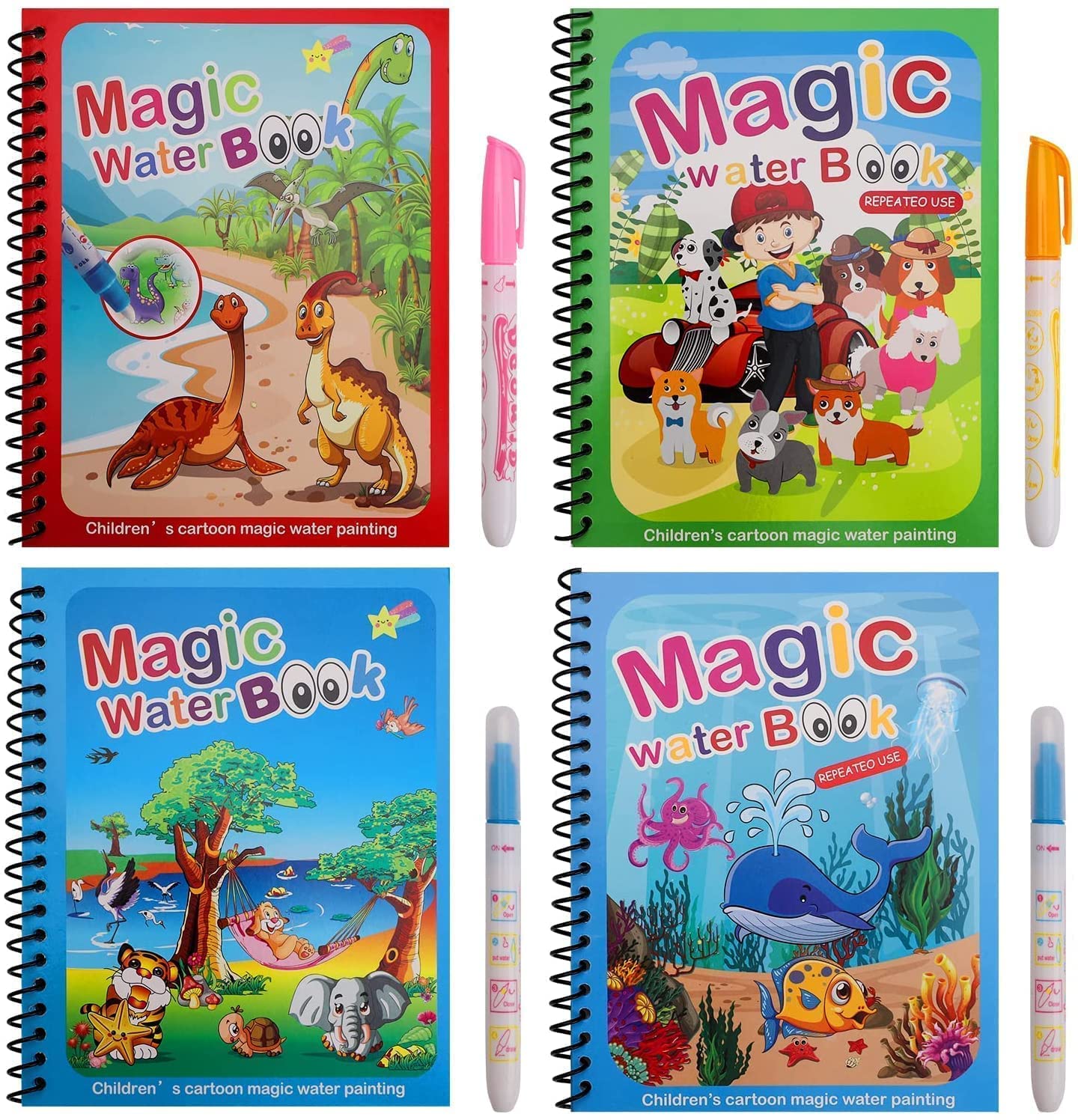 Reusable Magical Water Painting Book (Pack of 4 books + 4 pens)